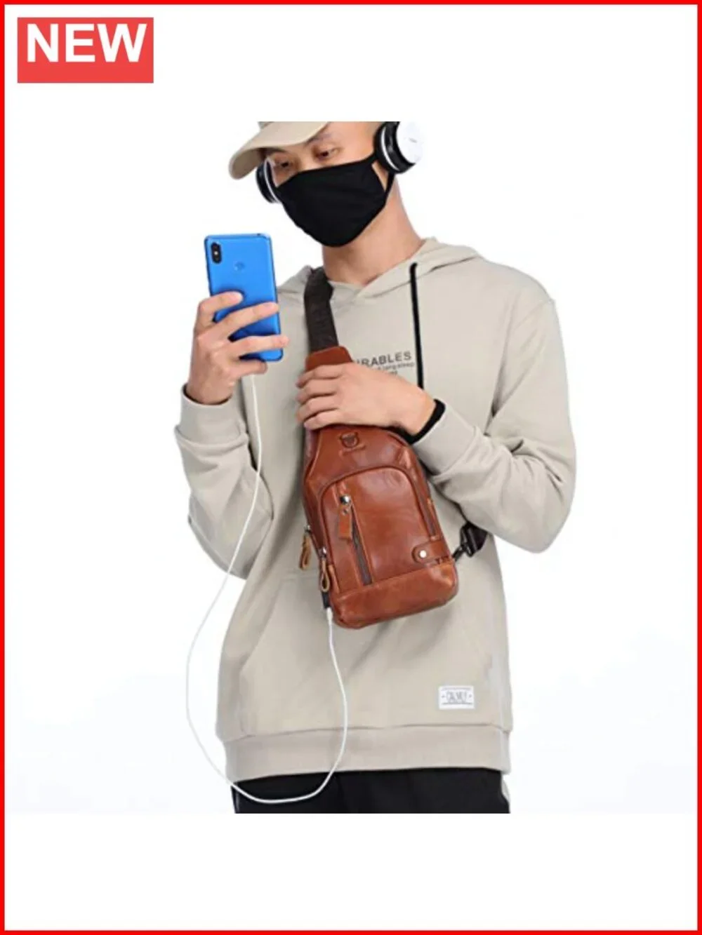 Genuine Leather Sling Bag with USB Charging, Multi-Pocket Chest Bag for Men